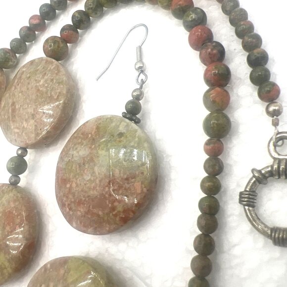 Chunky Beaded 18" Necklace 2" Earrings Set Unakite Natural Stone Toggle Clasp - Picture 7 of 8